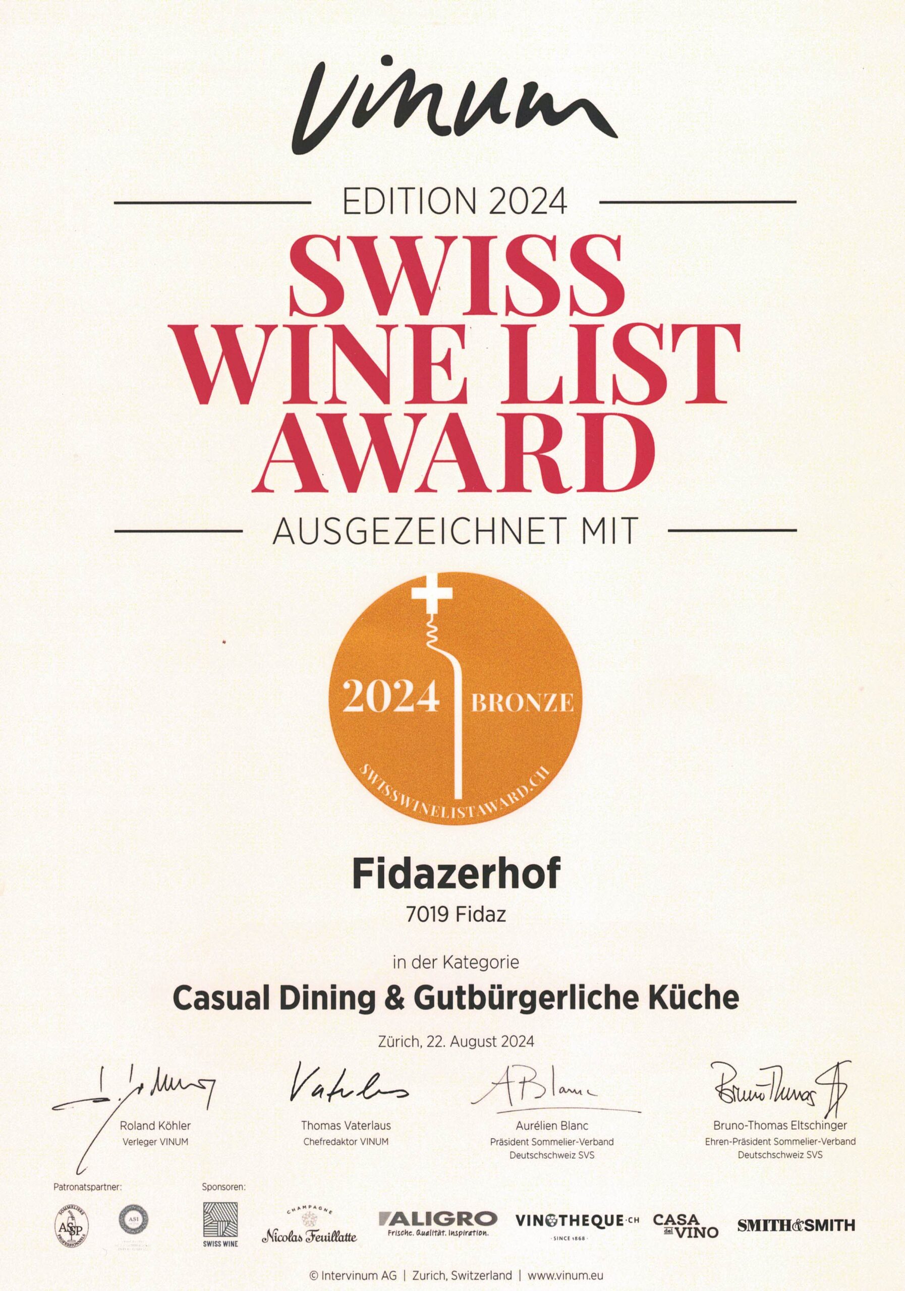 Swiss Wine List Award